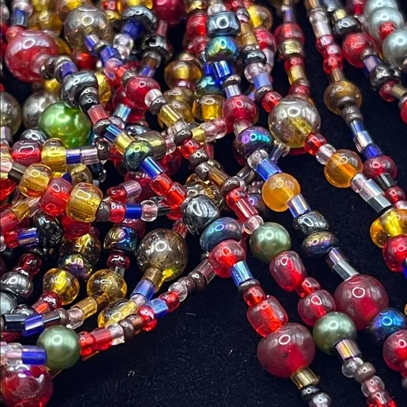 Vintage Joan Rivers Glass Gold Tone Jewel Tone 12 Multistrand Beaded Necklace